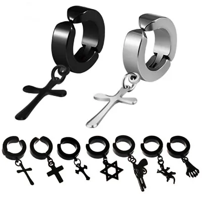 Men Stainless Steel Clip On Non-Piercing Fake Hoop Pendant Earring Jewelry Gift. • $1.64