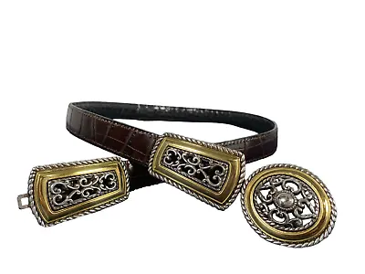 $39.40 • Buy Vintage Womens Waist Belt Leather Metal Statement Medallion Brown Gold Silver