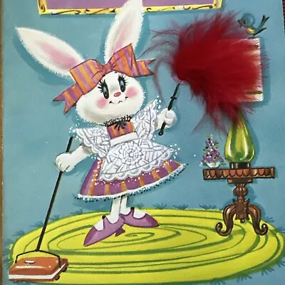 Vtg Mother’s Day Card White Bunny Norcross Vacuum Feather Duster Book 60s Mcm • $4.99