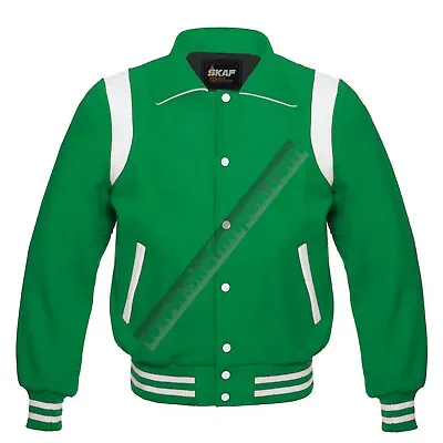 Varsity Letterman Retro Baseball Collared Jacket Wool Leather Unisex Kelly Green • $139.99