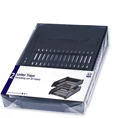 Pack 2 Black A4 Plastic Letter File Trays Including Risers Home Office Work • £8.75