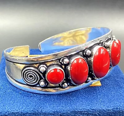 925 Sterling Silver Cabochon Red Coral Gemstone  Jewelry Cuff Bracelet • $17.59