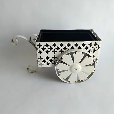 Vintage White Wrought Iron Wagon Planter Tabletop Flower Pot • $18