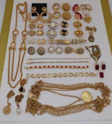 Vintage Gold Tone Jewelry Lot Statement Pearl Enamel Rhinestone Signed Fish • $19.50