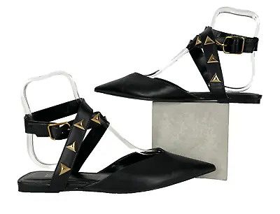 Zara Auth 8 US 38 EU Black Leather Ankle Strap Mules Studs Sandals Flat Shoes • $47