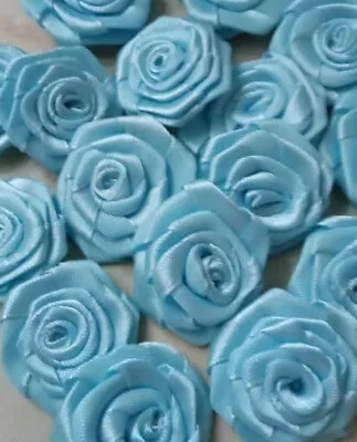 20 Satin Ribbon Rosebuds Satin Ribbon Flowers 3cm Lightblue Scrapbook Card  • £3.99