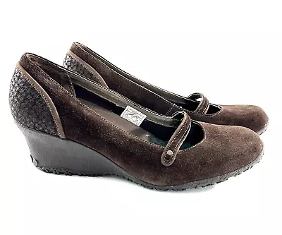 Merrell Comfort Wedge Mary Jane Heel Shoes Size 9.5 Petunia Slip On Brown Suede • $18.19