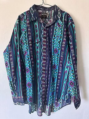 VTG Western Shirt Mens XLarge Purple Blue Aztec Frontier Series USA 90s Cowboy • $45