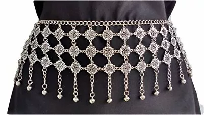 Women Floral Chain Belt Waist Hip Belly Dance Full Metal Silver Tone Length 43  • $20