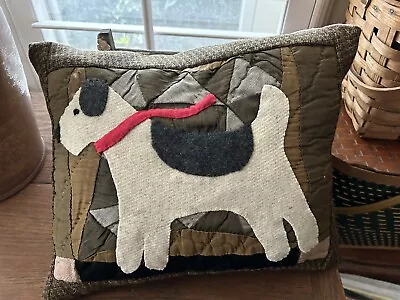 Primitive Stitchery Lg Dog Pillow On Vintage Patchwork Quilting • $18.95