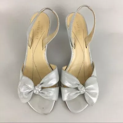 Kate Spade Slingback Peep Toe Heels Silver Bow 6.5 • $187.50