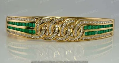 Vintage Simulated Diamond & Emerald Women Bangle Bracelet 14K Yellow Gold Plated • $229.09