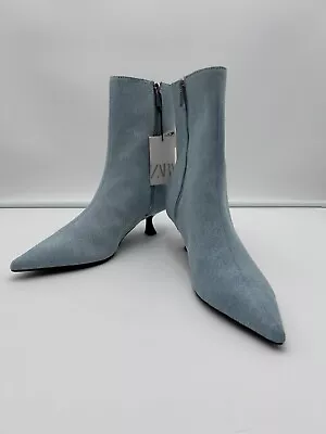 NWT! ZARA Women's Light Blue Denim Ankle Boots Kitten Heel - EU 39 / US 8 • $69.99