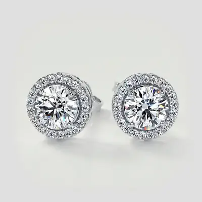 4 Ct Round Cut Lab Created Halo FL/D Stud Earrings 14K White Gold 8mm Push Back • $69.95