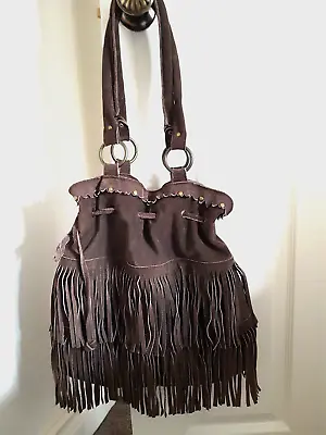 £14.99 • Buy Vintage PIECES Cow Leather Boho Brown Indian Suede Fringe Tassel Shoulder Bag