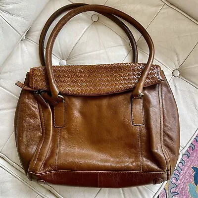 M&S Marks Spencer Brown Tan Leather Woven Bag Tote • £9.99