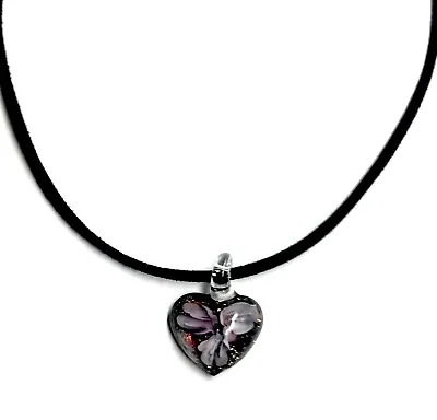 1x Murano Style Glass Foil Heart Choker Pendant With Faux Leather Cord Necklace • £3.99