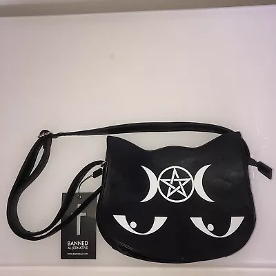 BANNED Alternative Cat Ears Pentagram Crescent Moon Faux Leather Shoulder Bag • £23.99