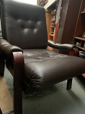 Vintage Retro Mid Century Danish Wood Brown Faux Leather Chair Armchair MCM • £195