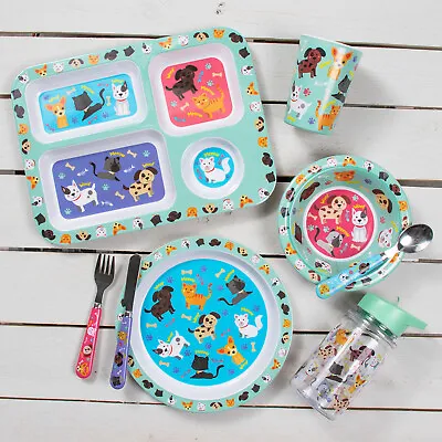 Kids Boys Cats & Dogs Design Cutlery Dinner Set Mealtime Plastic Bowl Cup Plates • £4.95