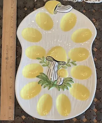 Signed Vintage 12  Ceramic Merry Mushroom Style Deviled Egg Platter - Yellow • $16.99
