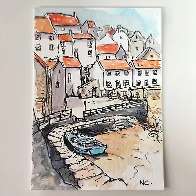 ACEO Original Watercolour Painting Seascape Harbour Town By The Sea Fishing Boat • £9