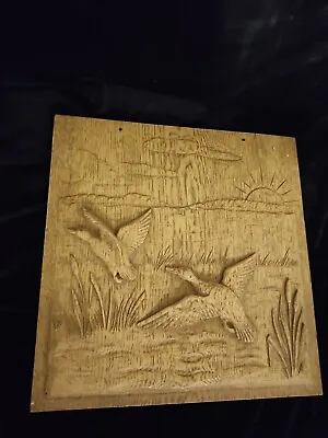 11  X 11  Carved Oak Wall Hanging Panel With Flying Ducks  Sun And Bull Rushes • £15.29