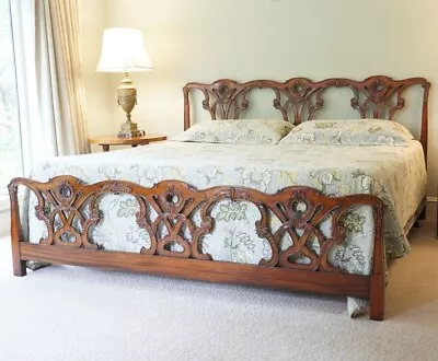 Chippendale Mahogany Carved King Size Bed Headboard Footboard And Rails • $2236