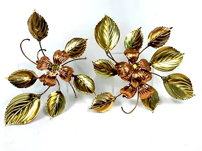 Vtg Floral Brass Copper Wall Decor Metal Art Dogwood Flowers Leaves MCM 2 Pieces • $21.95