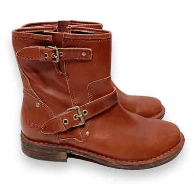 UGG Women's Fabrizia Short Moto Motorcycle Boot Size 7 Brown Leather Buckles Zip • $120