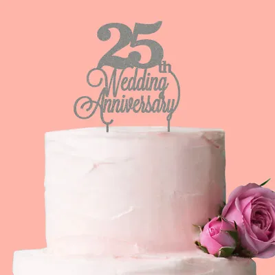 Silver 25th Wedding Anniversary Cake Topper Party Decoration Gift Wedding Love • £7.95