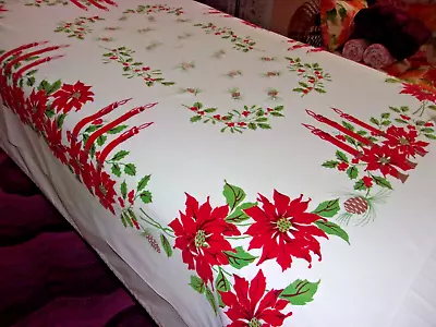 Vtg Cutter Christmas Tablecloth Stains In Center Poinsettias Candles 50x57  • $12.99