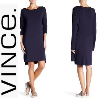 Vince Coastal Blue Leather Scoop Neck Long Sleeve Jersey Modal  Hi Lo Dress Xxs • $32.29