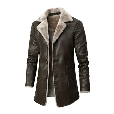 Mens Winter Pu Leather Jacket Thick Warm Long Coats Casual Lapel Collar Outwear • $63.64