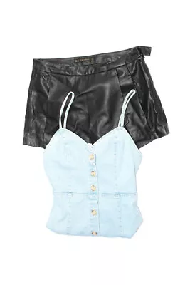 Zara Womens Faux Leather Shorts Mini Denim Jeans Black Blue Size XS Lot 2 • $42.69