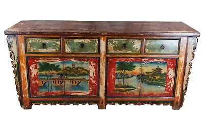 Vintage Mongolian Chinoiserie Painted Elm Sideboard Cabinet Console Credenza 80  • $2380