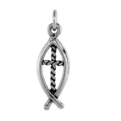 Sterling Silver Christian Fish With Cross Pendant / Charm Italian Box Chain • $12.99
