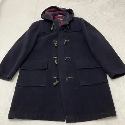 Brooks Brothers Large 44 Duffle Toggle Zip Hooded Wool Navy Coat Plaid Lined Men • $122.50