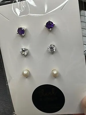 Multi Pack Pierced Earrings Studs Faux Amethyst Pearl Clear Clear Rhinestone • $8.49