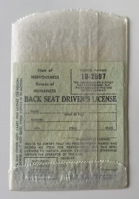 Vintage 1958-60 Back Seat Driver’s License Hilarious Funny Gag Gift - Brand New • $24.45