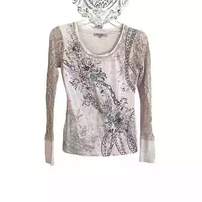 Miss Me Earthy Lace Embroidered  Floral Jeweled Long Sleeve Top Womens Teens XS • $14