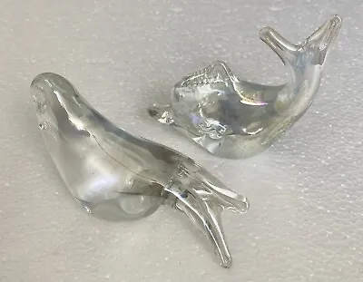 2 Pc Small Unsgd Bird And Fish Art Glass Figurines Clear W/ Luster Murano Style • $15