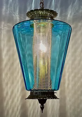 Vintage 1960's-70's Unique Retro Blue Glass Hanging Swag Light/Lamp • $508.25