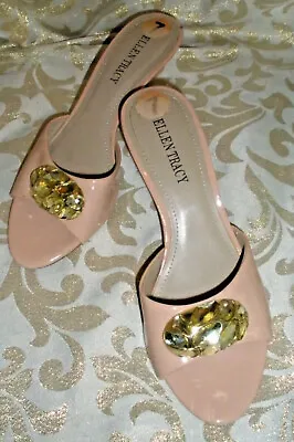 ELLEN TRACY PINK PATENT LEATHER OPEN TOE Pumps MULES HEELS SILVER GOLD JEWELS  7 • $15.99