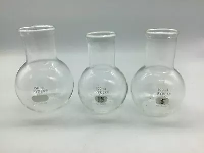 3 Corning Pyrex Glass 100-150 ML. Single Neck Flat Bottom Flask (#5160 No Caps) • $19.99