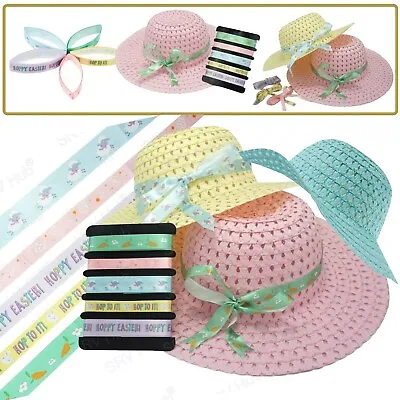 Kids Easter 52cm Spring Festival Bonnet Straw Woven Hats Multicolor Ribbons/Bow • £8.99