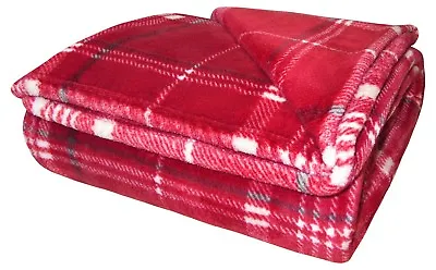 Large Check Throw Tartan Fleece Blanket Plush Cosy 130x180cm Cream Red Grey • £10.95