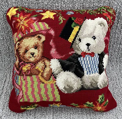 Vintage Christmas Pillow Needlepoint Tapestry Velvet Or Velour Bears 13 X13  • $23.88