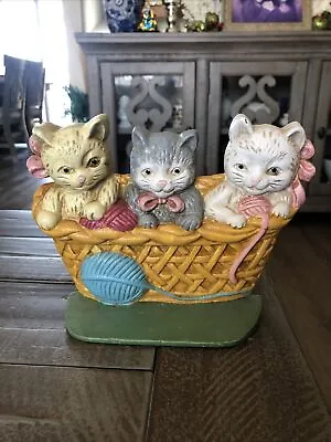 Vintage Cast Iron Three Kittens Cats In A Yarn Basket Door Stop • $22