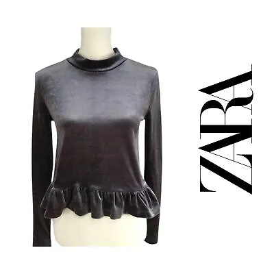 $26 • Buy NEW Zara Collection Soft Velvet Long Sleeve Peplum Top Gray Size Women's M